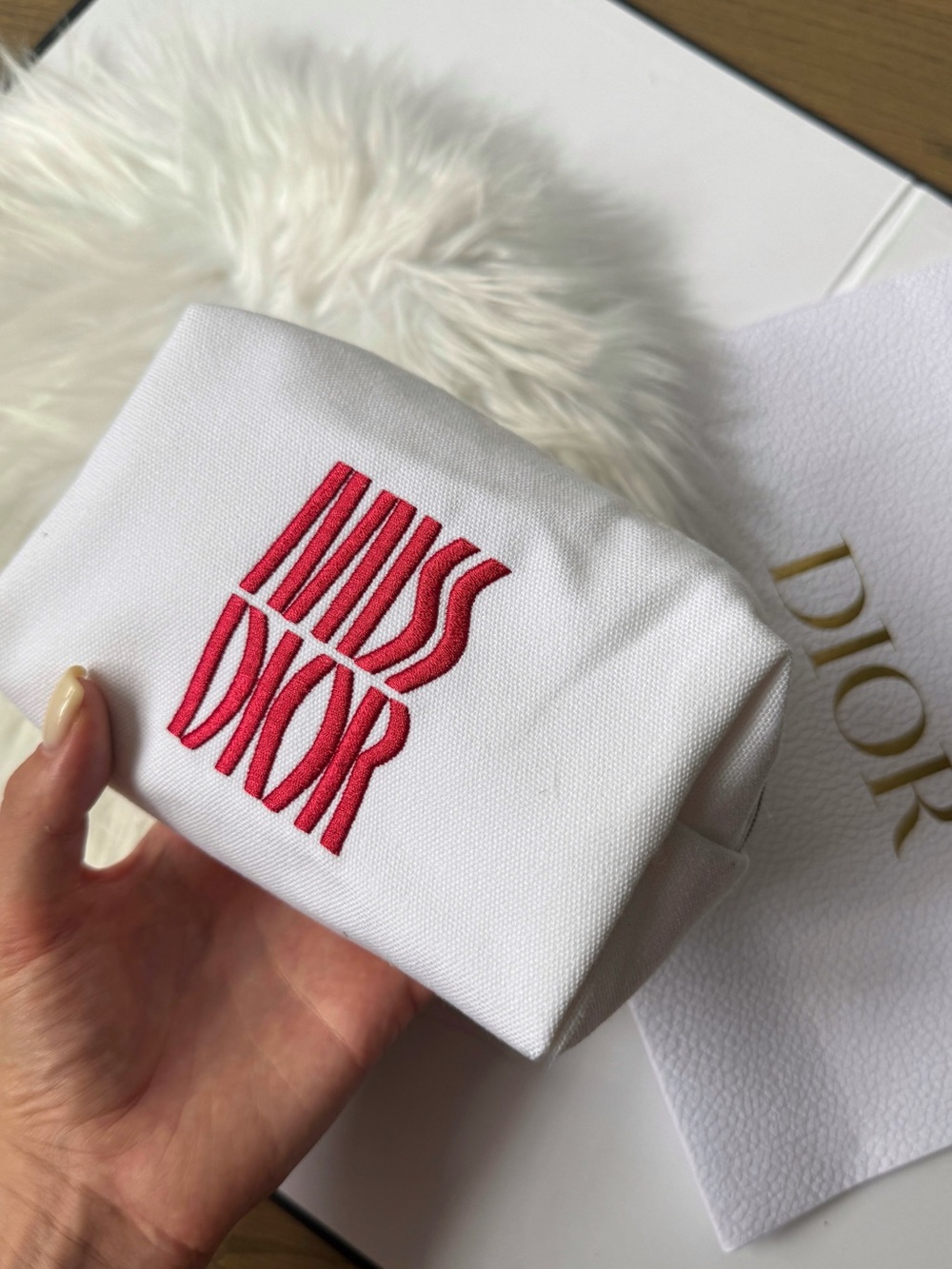 Miss Dior White Canvas Pouch with Pink 'Miss Dior' Embroidery New
